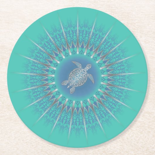 Dessous-de-verre Rond En Papier Turquoise argentée Turquoise Mandala (Devant)
