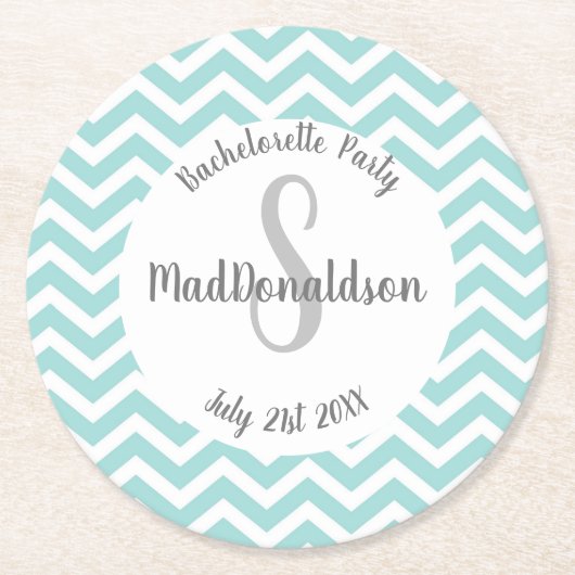 Dessous-de-verre Rond En Papier turquoise et blanc chevron monogramme de fête (Devant)