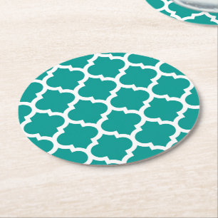 Dessous-de-verre Rond En Papier Turquoise foncé blanc marocain Quatrefoil Motif #5
