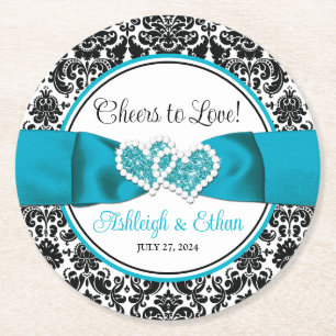 Dessous-de-verre Rond En Papier Turquoise, Noir Damask Love Hearve Mariage