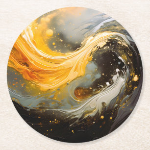 Dessous-de-verre Rond En Papier Vagues modernes en marbre abstrait doré