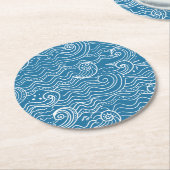 Dessous-de-verre Rond En Papier Vagues océaniques bleues et blanches (Incliné)