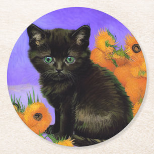 Dessous-de-verre Rond En Papier Van Gogh Kitten noir avec des tournesols