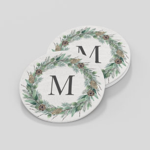 Dessous-de-verre Rond En Papier Verdure hivernale rustique Monogramme Première cou