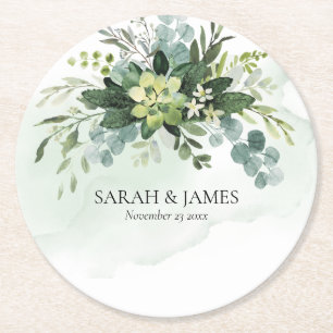 Dessous-de-verre Rond En Papier Vert doux Mariage Succulent Floral Botanique