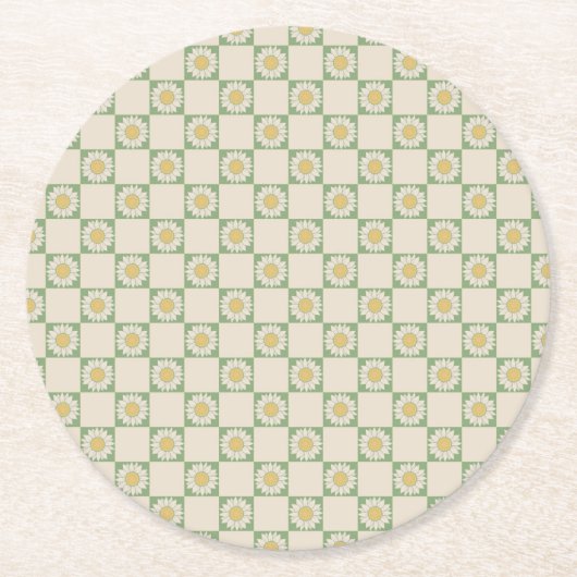Dessous-de-verre Rond En Papier Vert esthétique À damiers tournesol Motif Y2K (Devant)