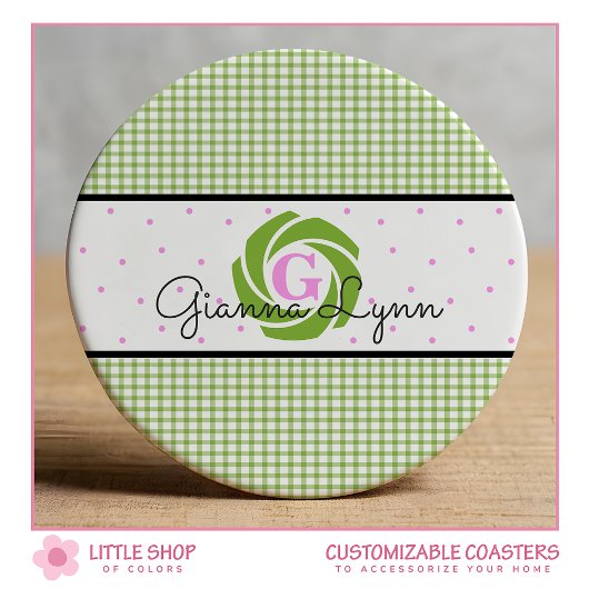 Dessous-de-verre Rond En Papier Vert Gingham Monogramme