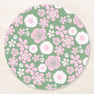 Dessous-de-verre Rond En Papier Vert rose blanc rétro Y2K les années 70 Fleur Moti