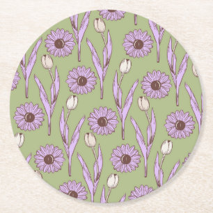 Dessous-de-verre Rond En Papier Vert violet rétro Y2K Funky Hippie Flower Motif