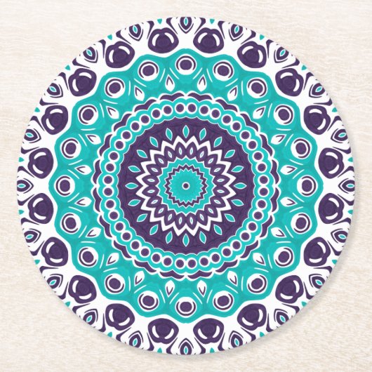 Dessous-de-verre Rond En Papier Vibrant Aqua and Plum Mandala Pattern (Devant)