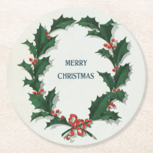 Dessous-de-verre Rond En Papier Vintage Holly Wreath Joyeux Noël
