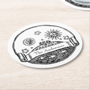 Dessous-de-verre Rond En Papier Vintage Sun Moon Stars Océan Planète Terre Dessin
