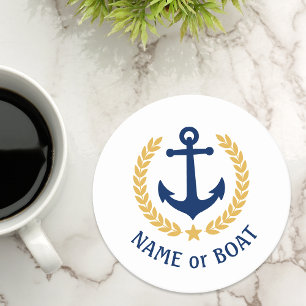 Dessous-de-verre Rond En Papier Votre nom de bateau Ancre Gold Laurel Star White