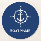 Dessous-de-verre Rond En Papier Votre nom de bateau Compass Ancre Blue Round (Devant)