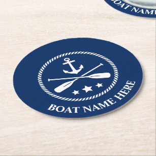 Dessous-de-verre Rond En Papier Votre nom de bateau ou texte Ancre Oars Marine Blu