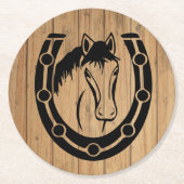 Dessous-de-verre Rond En Papier Western Horse Mariage campagnard Horseshoe Wood (Devant)
