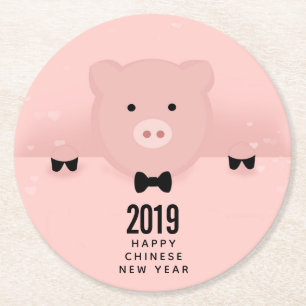 Dessous-de-verre Rond En Papier Whimsical Pink Pig mignon Nouvel An chinois