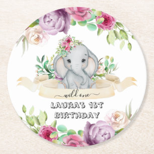 Dessous-de-verre Rond En Papier Wild One - Baby Elephant and Flowers 1er anniversa