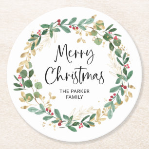 Dessous-de-verre Rond En Papier Wreath moderne et script   Joyeux Noël