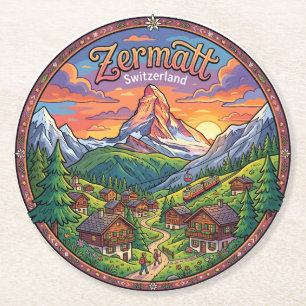 Dessous-de-verre Rond En Papier Zermatt Suisse Matterhorn Coucher de soleil