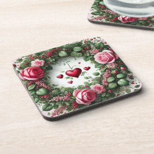 Dessous-de-verre Rose couronne florale Twine aux Coeurs rouges