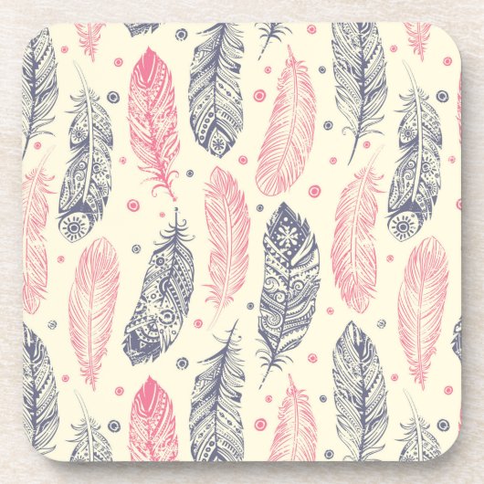 Dessous-de-verre Rose et motif ethnique pourpre de plume (Devant)