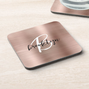 Dessous-de-verre Rose Gold Métal Brossé Monogramme Noir Blanc