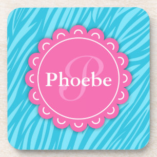 Dessous-de-verre Rose Moderne Fleur Monogramme Aqua Blue Zebra Impr