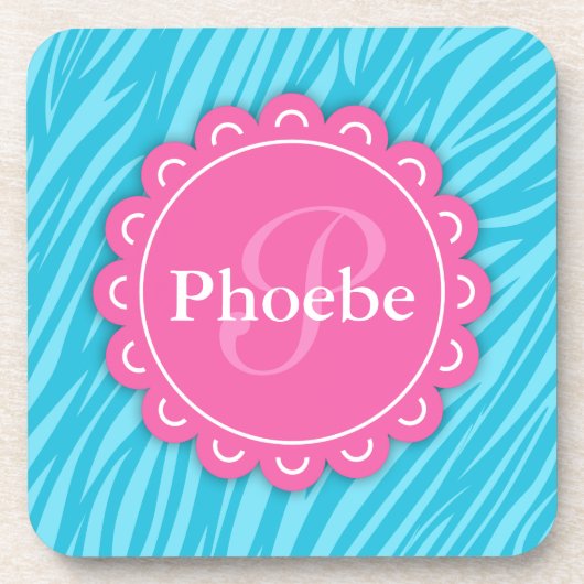 Dessous-de-verre Rose Moderne Fleur Monogramme Aqua Blue Zebra Impr (Devant)
