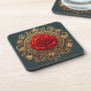 Dessous-de-verre Rose rouge ornée avec cadre baroque doré