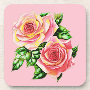 Dessous-de-verre Roses roses corail rose avec Feuilles verts Jade