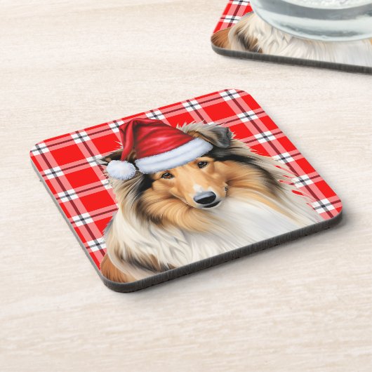 Dessous-de-verre Rough Collie Chien avec Red Holiday Plaid Noël (Côté gauche)