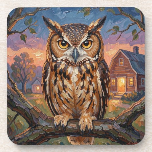 Dessous-de-verre Rustic Impasto Great Horned Owl  (Devant)
