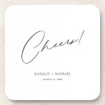 Dessous-de-verre Salue Moderne Unique Personnalisé Mariage Personna<br><div class="desc">Vous cherchez une faveur unique et personnalisée pour votre mariage que vos invités aimeront? Ne cherchez pas plus loin que ces Cheers Moderne Unique Personnalisé Mariage personnalisé Castérisque de boisson! Avec un design simple mais élégant avec le mot "Cheers" dans une police de script de calligraphie moderne, ces dessous de...</div>