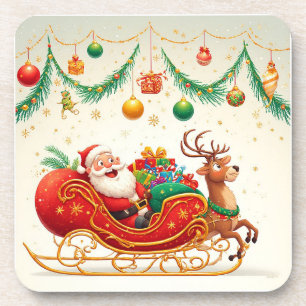 Dessous-de-verre Santa Claus Riding Sleigh avec un renne