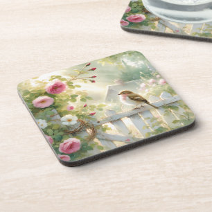 Dessous-de-verre Scène aquarelle de rose de jardin et d'oiseau
