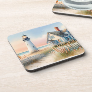 Dessous-de-verre Scène aquarelle d'un phare et d'un cottage au bord