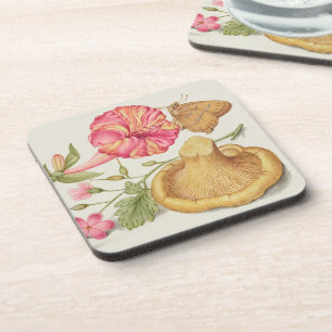 Dessous-de-verre Scène de jardin avec fleurs, papillon et champigno