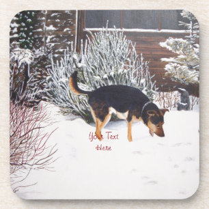 Dessous-de-verre scène de neige hivernale avec mignon chien noir et