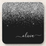 Dessous-de-verre Script Monogram Girly Name<br><div class="desc">Parties scintillant noir et argent Script Monogramme Nom Dessous de verre papier. Cela fait le cadeau parfait de remise de diplômes,  anniversaire,  mariage,  douche nuptiale,  anniversaire,  baby shower ou bachelorette pour quelqu'un qui aime le luxe glam et les styles chic.</div>