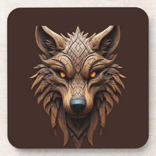 Dessous-de-verre Sculpture de loup en bois d'art avec motifs géomét
