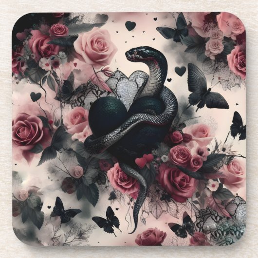 Dessous-de-verre Serpent Enveloppé Autour Du Coeur Avec Roses (Devant)
