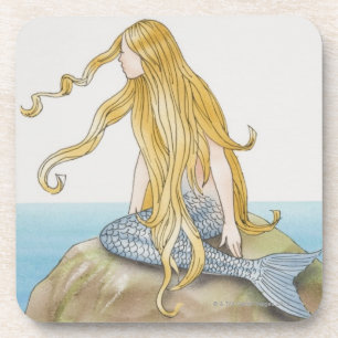 Dessous-de-verre Sirène blonde se reposant sur la roche de mer, vu