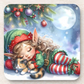 Dessous-de-verre Sleeping Christmas Elf with Calico Kitten (Devant)