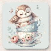 Dessous-de-verre Sleeping Owl in Stacked Floral Teacups (Devant)