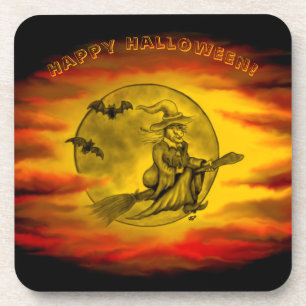 Dessous-de-verre Sorcière volante avec chat noir, nuit halloween