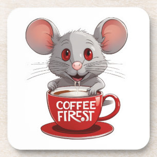 Dessous-de-verre Souris adorable à la caféine dans une tasse rouge