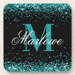 Dessous-de-verre Stylish Teal Glitter Black White Monogram