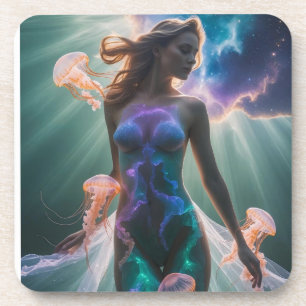 Dessous-de-verre Surreal Double Exposure of Woman and Jellyfish in