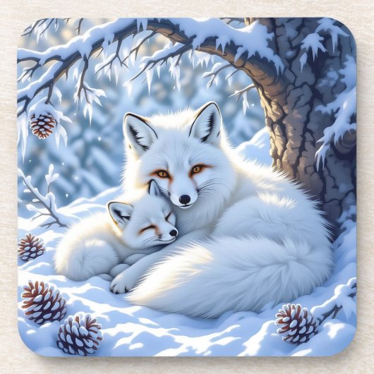 Dessous-de-verre Sweet White Foxes in the Snow (Devant)